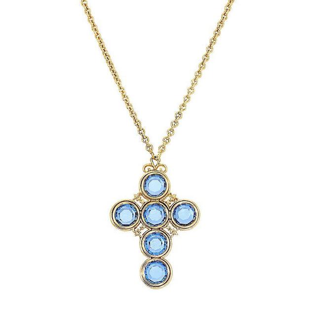 1928 Gold Tone Blue Simulated Crystal Cross Pendant Necklace, Womens Product Image