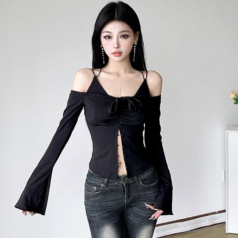 Long-Sleeve Cold-Shoulder Plain Bow Tee Product Image