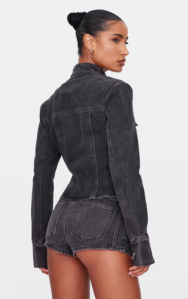 Washed Black Seam Detail Longline Fitted Racer Denim Jacket Product Image