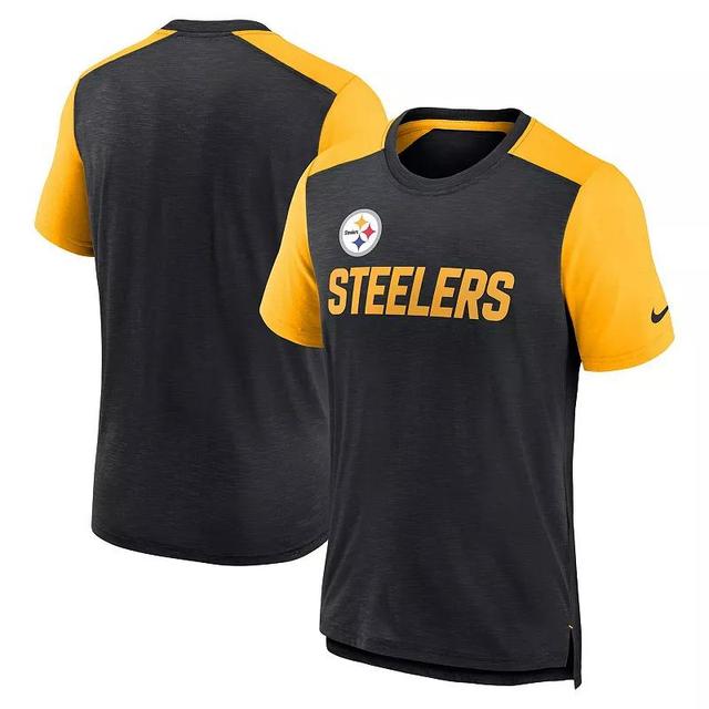 Mens Nike Heathered Black/Heathered Gold Pittsburgh Steelers Color Block Team Name T-Shirt Grey Product Image