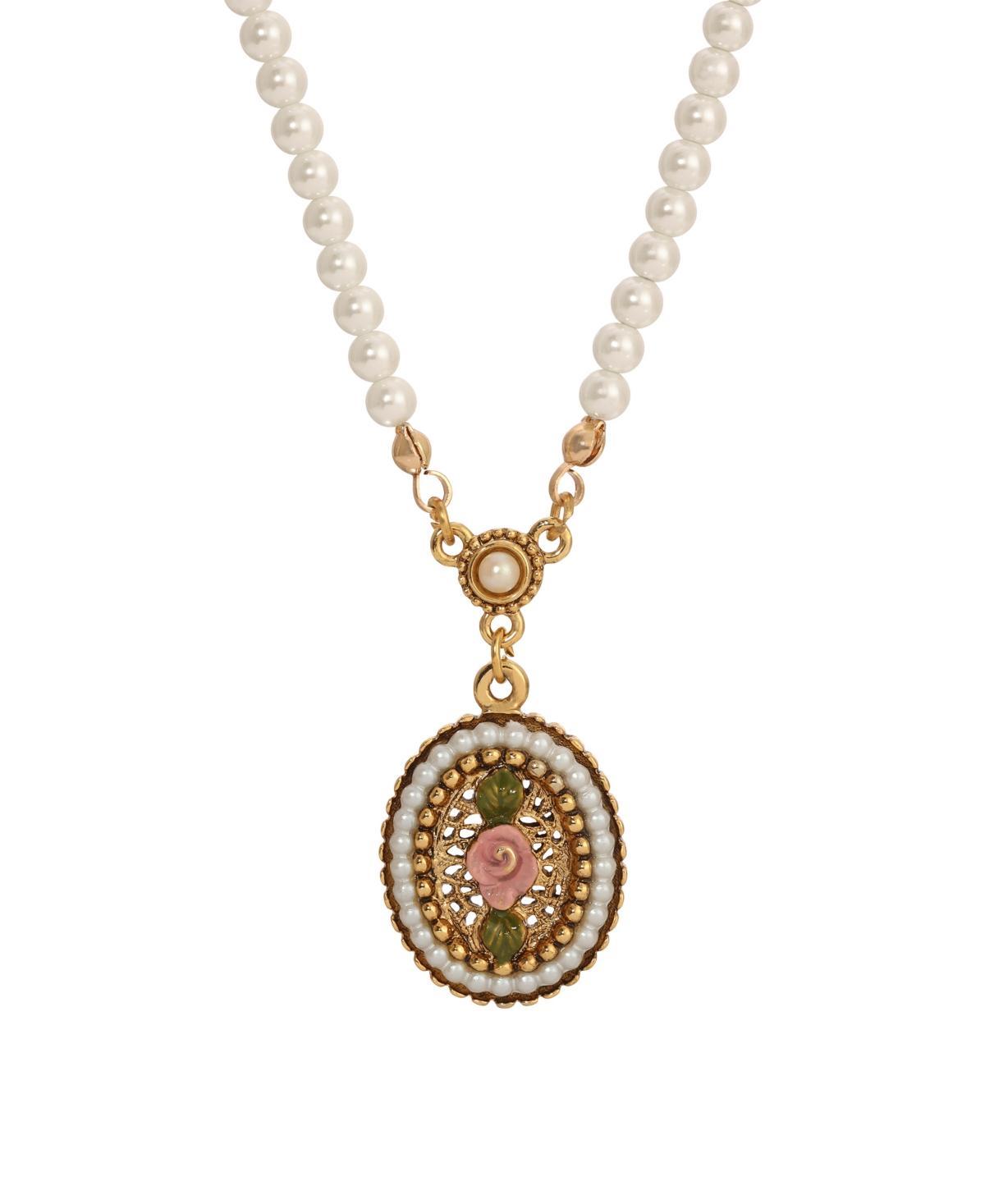 1928 Gold Tone Simulated Pearl Rose Filigree Oval Pendant Necklace, Womens, Pink Product Image