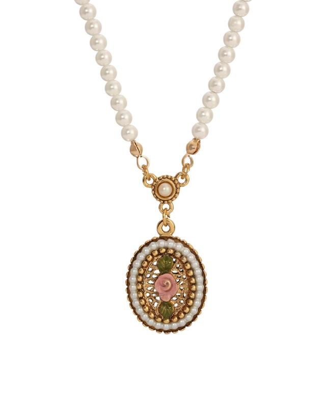 1928 Gold Tone Simulated Pearl Rose Filigree Oval Pendant Necklace, Womens, Pink Product Image