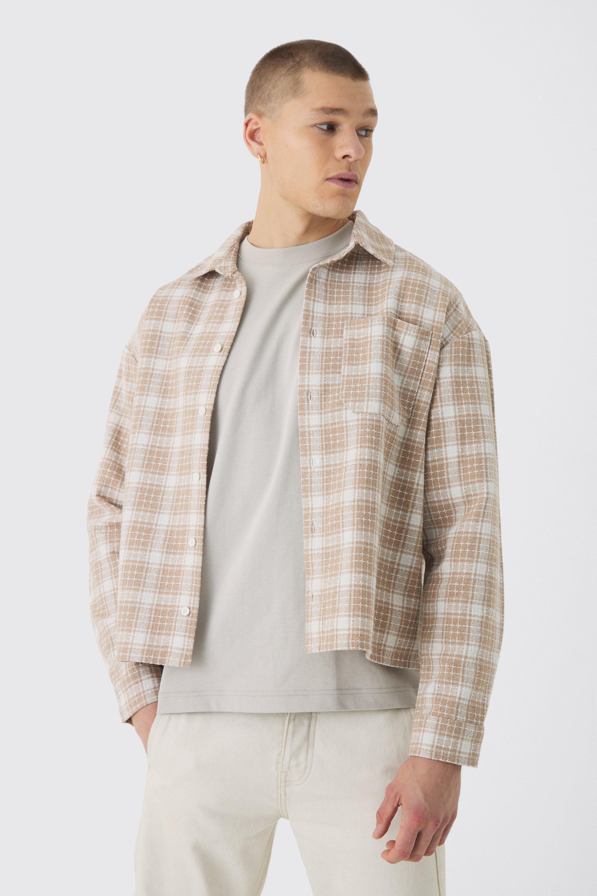 Mens Beige Oversized Boucle Check Overshirt, Beige Product Image