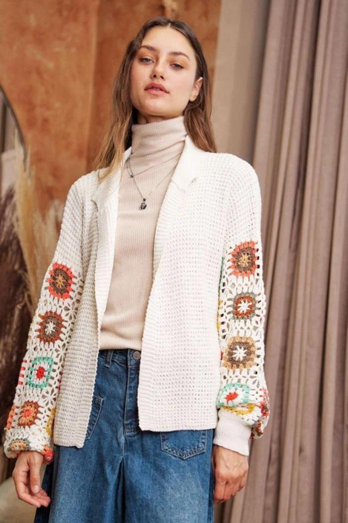 Crochet Floral Printed Long Sleeve Knit Cardigan Product Image