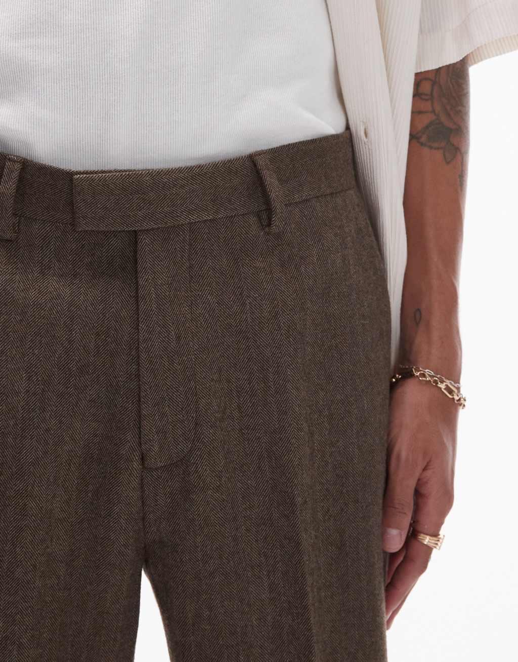 Topman brown herringbone taper pants in brown Product Image