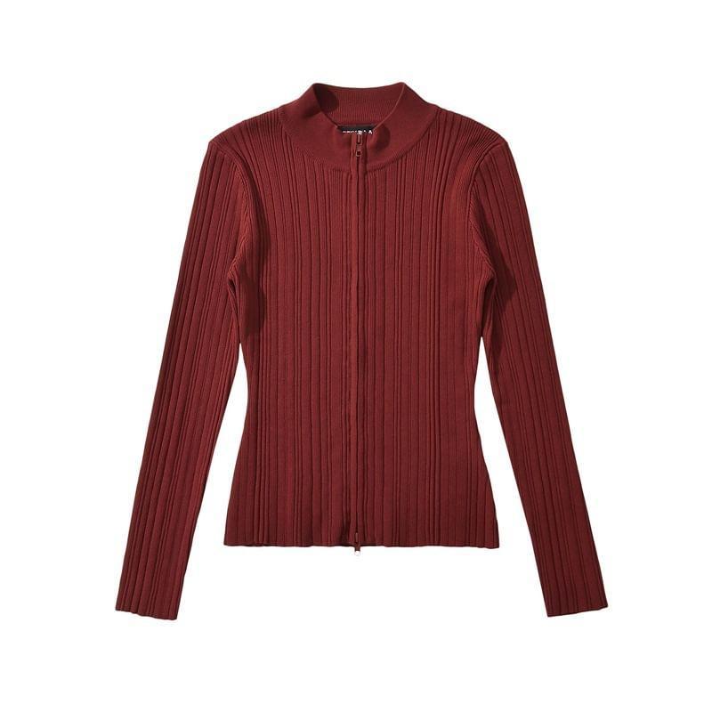 Long-Sleeve Plain Ribbed Zip-Up Knit Top Product Image