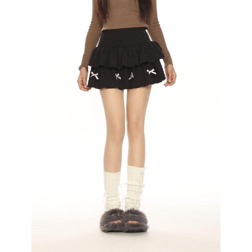 High Rise Bow Tiered Mini A-Line Skirt Product Image