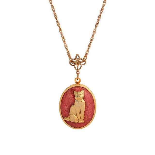 1928 14k Gold Tone Pink Enamel Oval Cat Locket Necklace, Womens Product Image