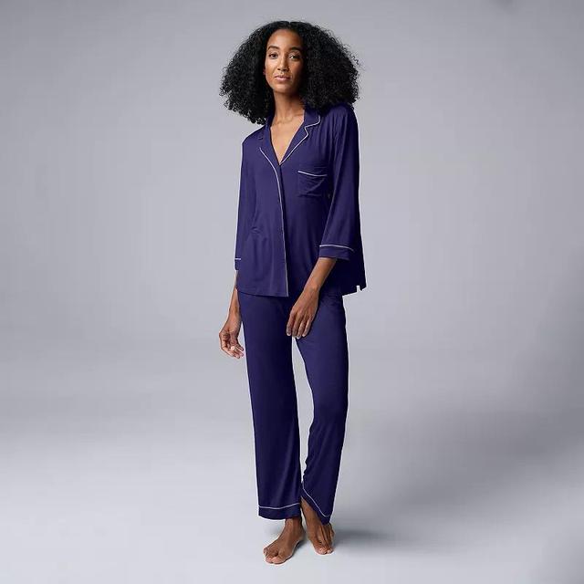 Womens Simply Vera Vera Wang Basic Luxury Sleeve Pajama Shirt & Pants Sleep Set Blue Product Image