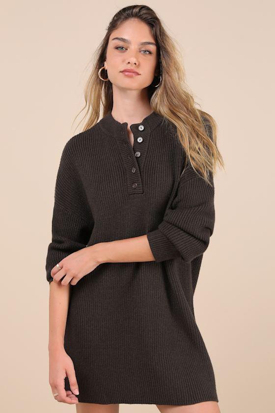 Coveted Coziness Olive Long Sleeve Henley Sweater Mini Dress Product Image