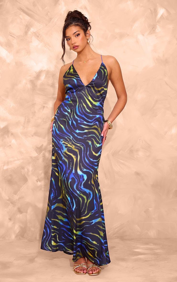 Blue Abstract Print Satin Maxi Dress Product Image