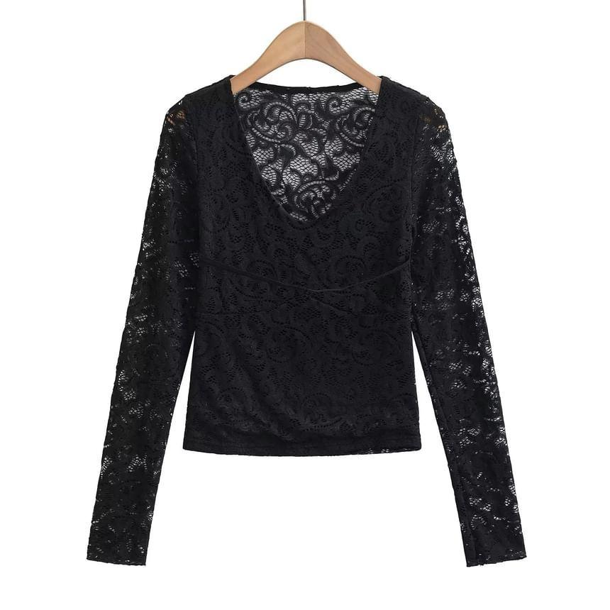 Long-Sleeve V-Neck Lace Top Product Image