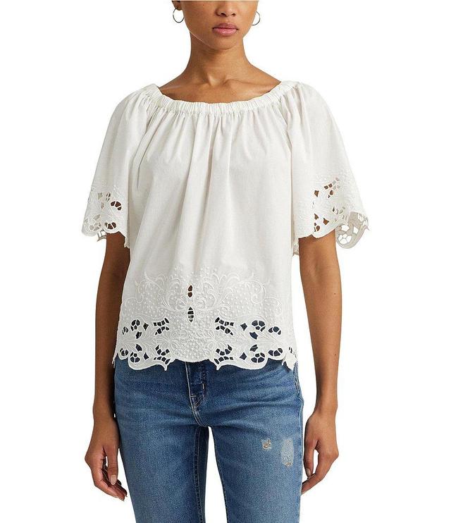 Lauren Ralph Lauren Eyelet Cotton Off-The-Shoulder Flutter Raglan Sleeve Blouse Product Image