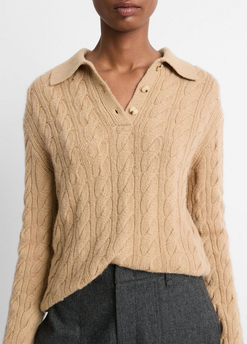 Womens Cable-Knit Wool-Blend Polo Sweater, Off White, Size M Vince Product Image