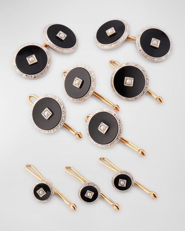 Estate Krementz Platinum and 14K Yellow Gold Black Onyx Cufflinks and Shirt Studs Set Product Image