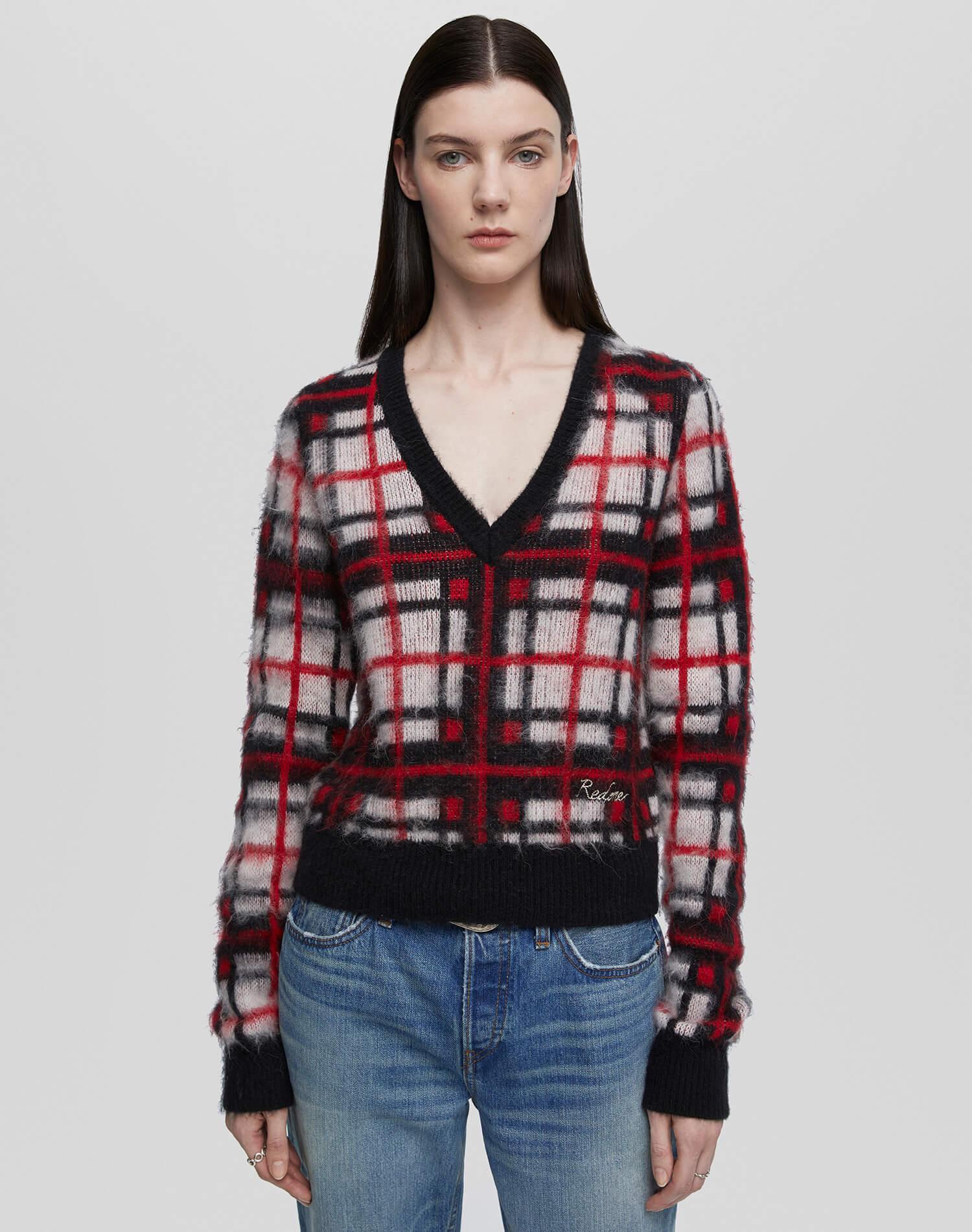 Tartan V Neck Pullover - Black/Red/White Product Image