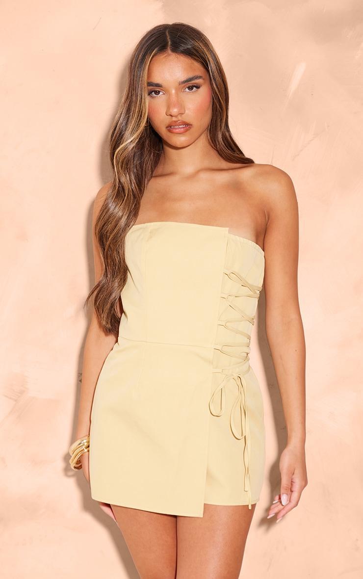 Mustard Structured Woven Bandeau Skort Romper Product Image