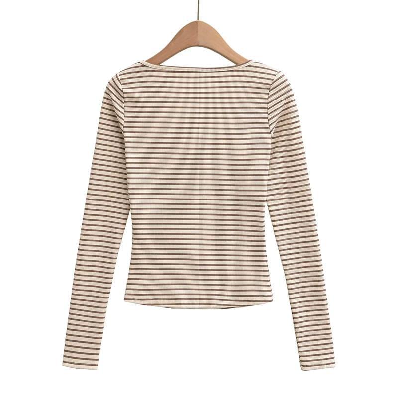 Long Sleeve Henley Striped T-Shirt Product Image