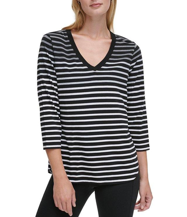 DKNY Sport by Donna Karan Stretch Stripe Jersey Knit V-Neck 3/4 Sleeve Tee Product Image