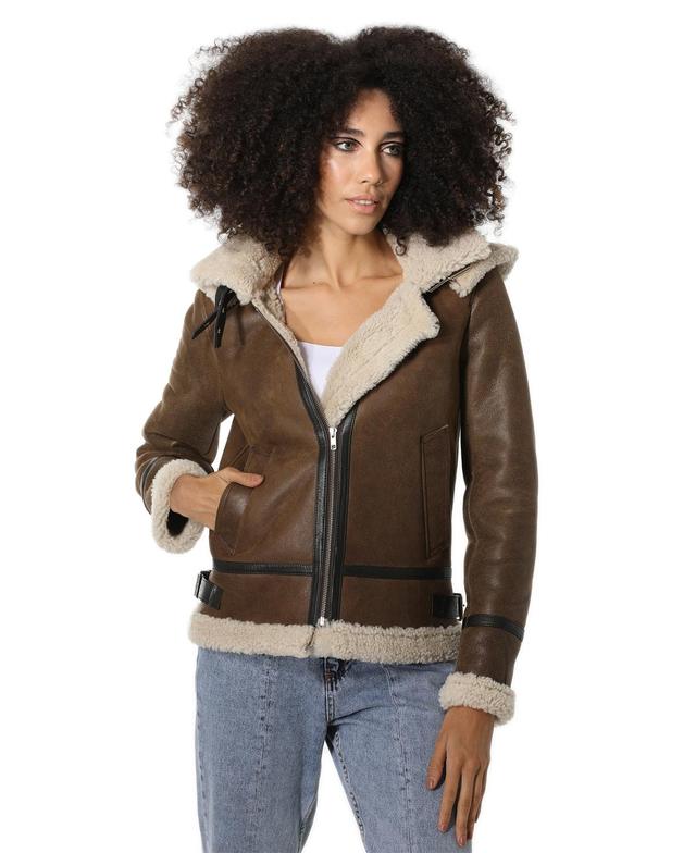 Womens Detachable Hooded Shearling Jacket, Vintage- with Beige Curly Wool - Camel Product Image