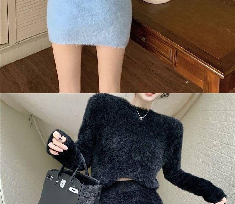 Set: Round Neck Plain Crop Sweater + High Waist Knit Mini Pencil Skirt Product Image