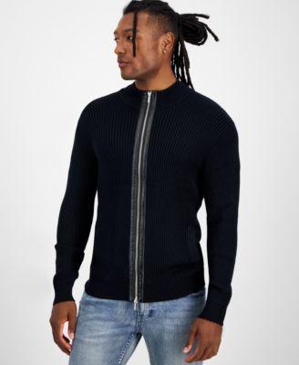 I.n.c. International Concepts Mens Silas Regular-Fit Ribbed-Knit Full-Zip Mock Neck Cardigan with Faux-Leather Trim, Created for Macys - Heather Gre Product Image