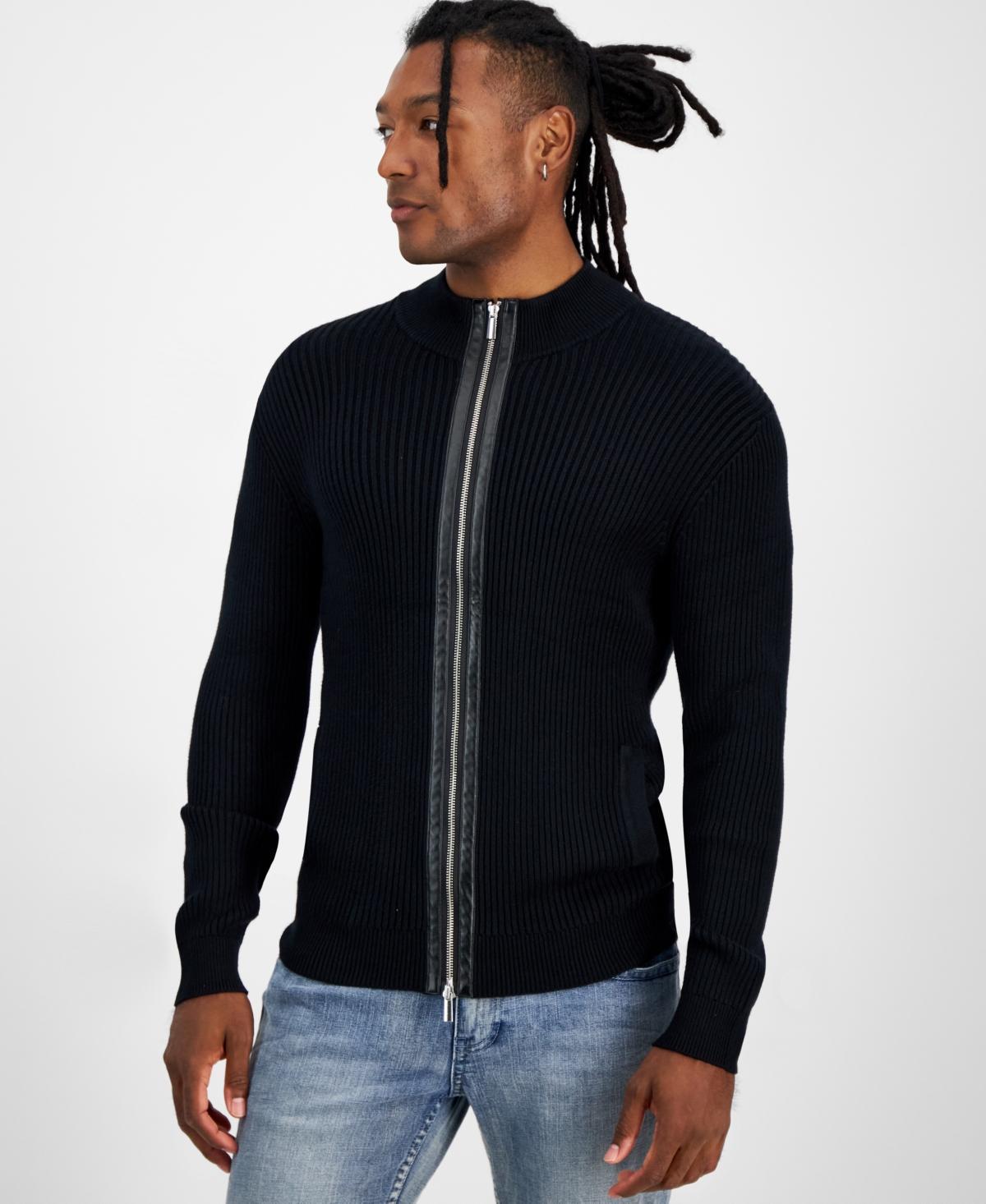 I.n.c. International Concepts Mens Silas Regular-Fit Ribbed-Knit Full-Zip Mock Neck Cardigan with Faux-Leather Trim, Created for Macys - Heather Gre Product Image