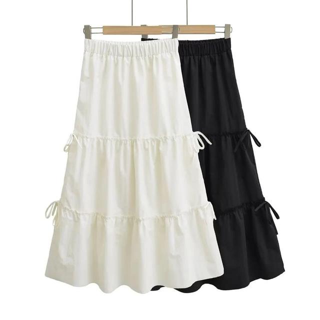 High Waist Bow Accent Plain Maxi A-Line Skirt Product Image