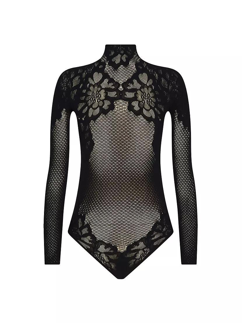 Floral Lace Fishnet Mock-Turtleneck Bodysuit Product Image