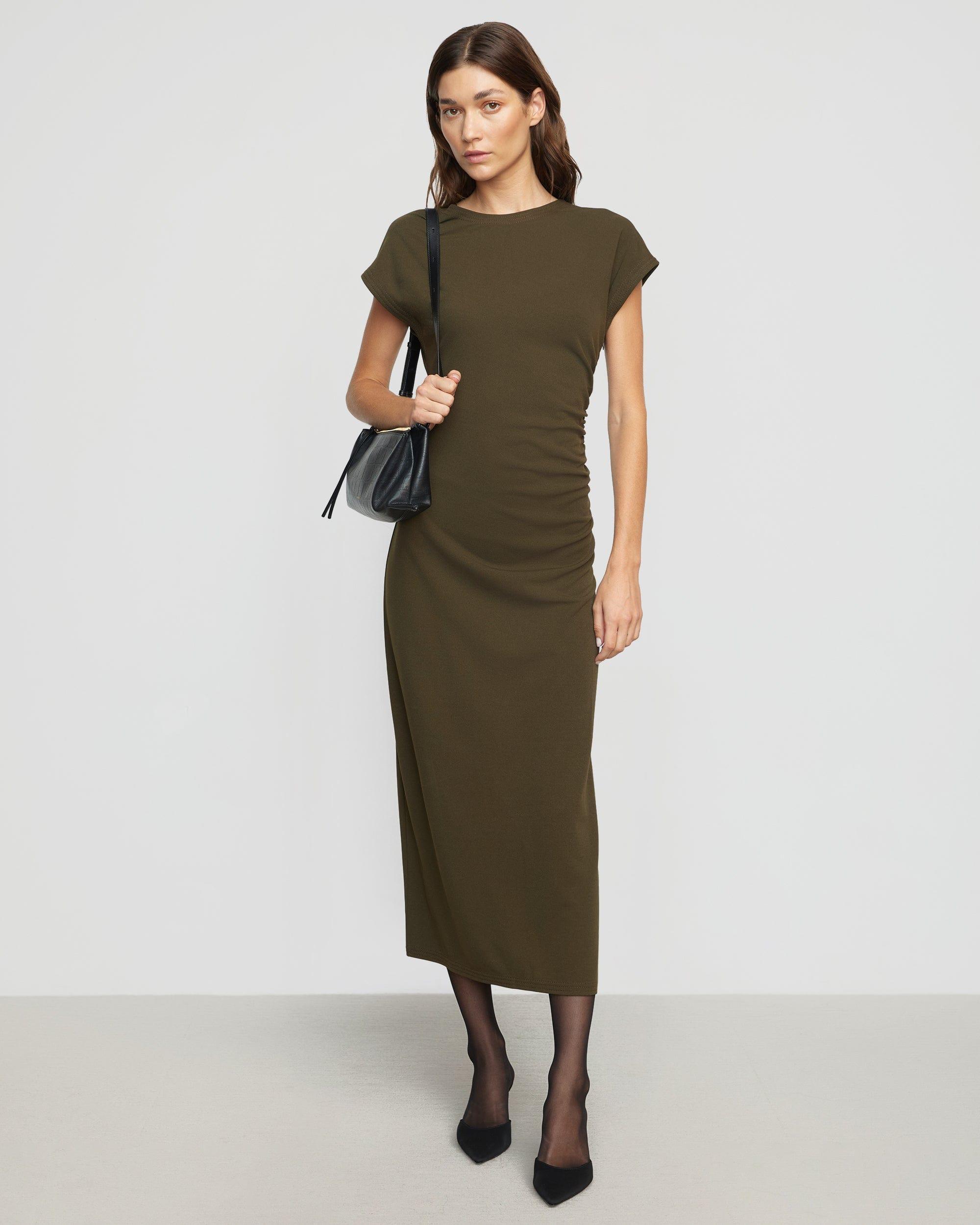 Vela Contrast-Stitch Ruched-Waist Dress Product Image