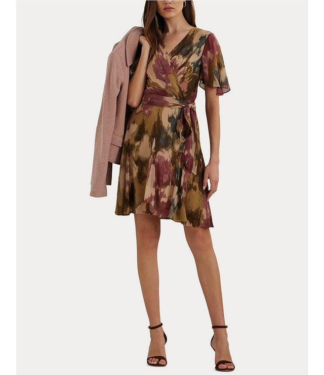 Lauren Ralph Lauren Printed Crinkle Georgette Surplice Neck Flutter Sleeve Pleated Self Belted Mini Dress Product Image