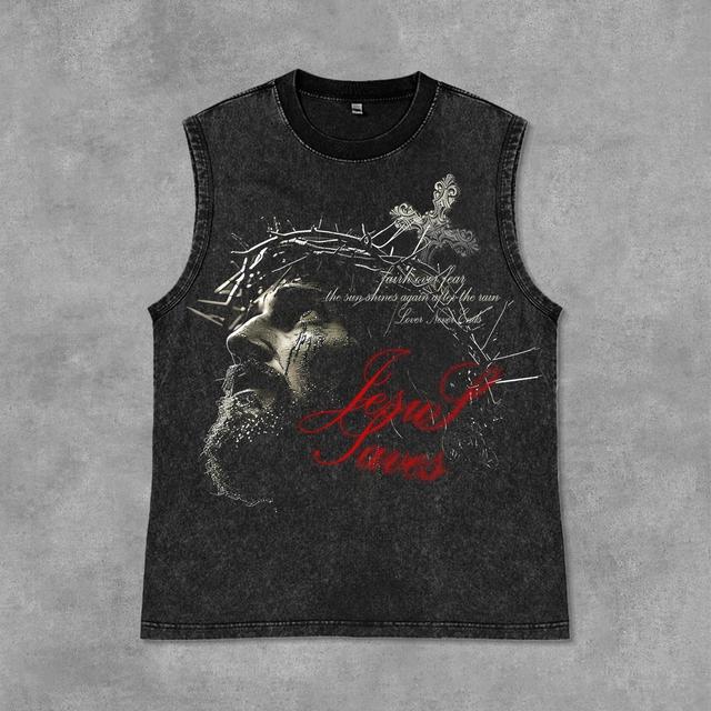 Retro Jesus Cross Faith Graphic Print Acid Washed Tank Top Product Image