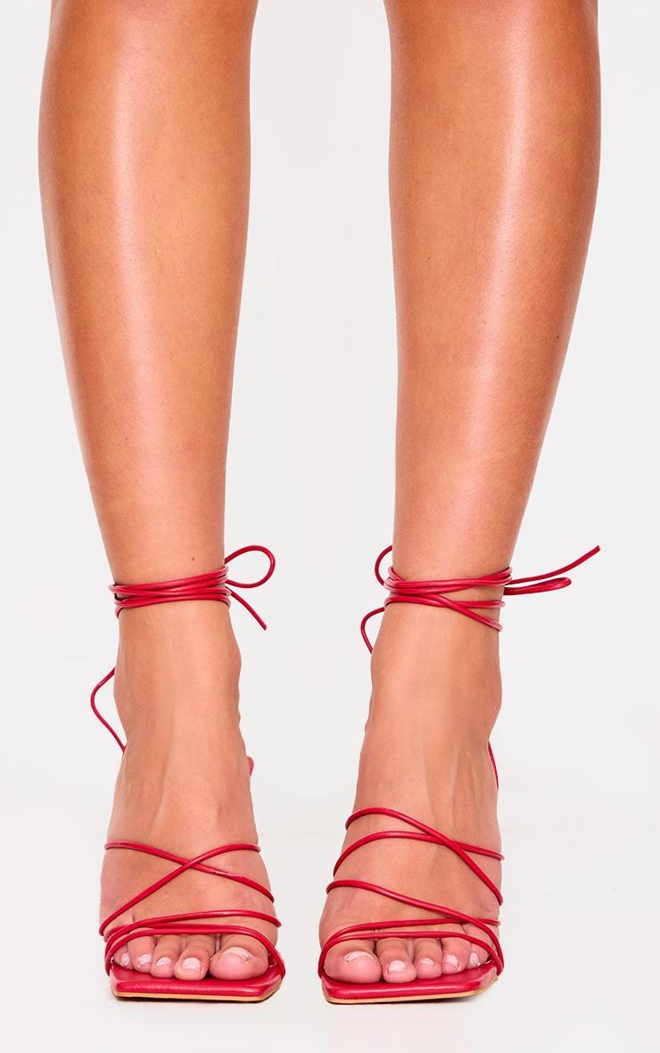 Red Pu Square Toe Strappy Lace Up Heeled Sandals Product Image