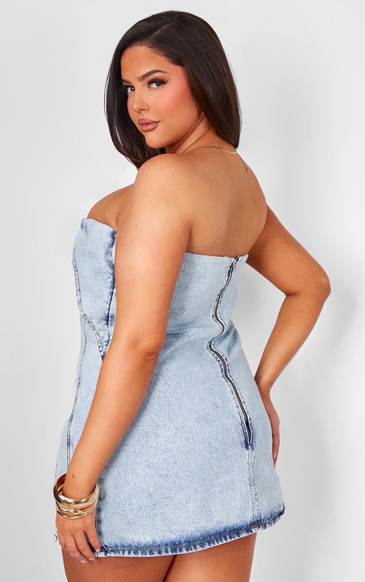 Plus Light Blue Seam Fold Over Bust Detail Denim Dress Product Image