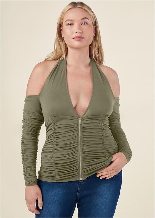 Zip-Up Ruched V-Neck Top Product Image