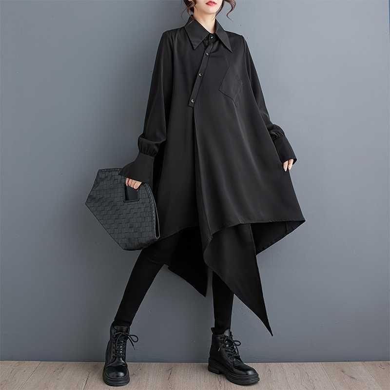 Long Sleeve Lapel Neck Loose Irregular Shirt Dress Product Image