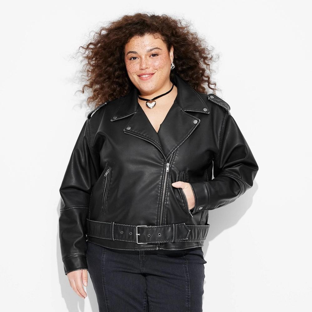 Womens Faux Leather Oversized Moto Jacket - Wild Fable Black 3X Product Image