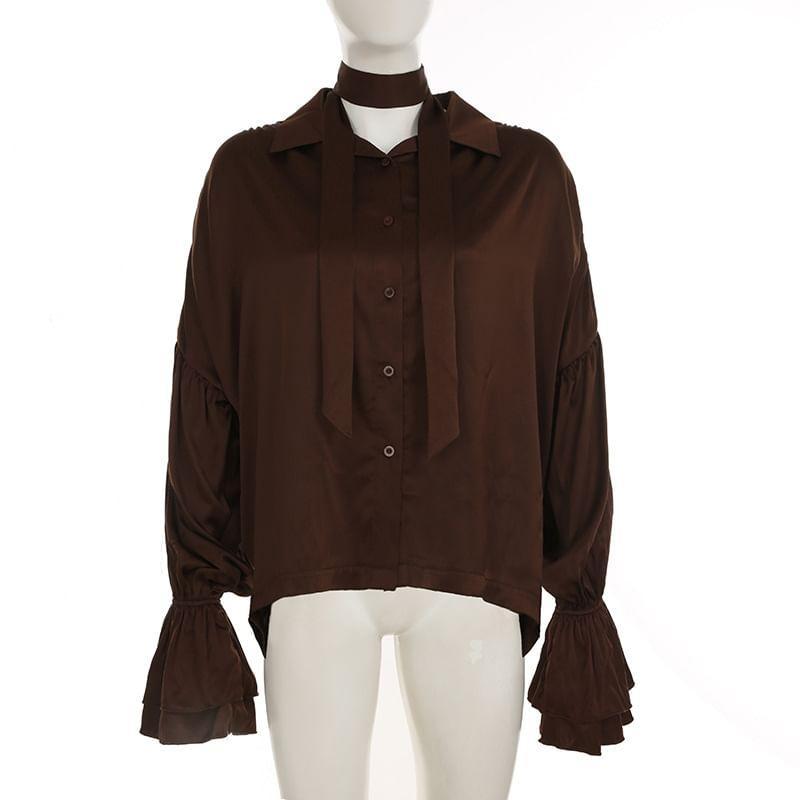 Set: Long-Sleeve Collared Plain Button-Up Blouse + Skinny Scarf Product Image