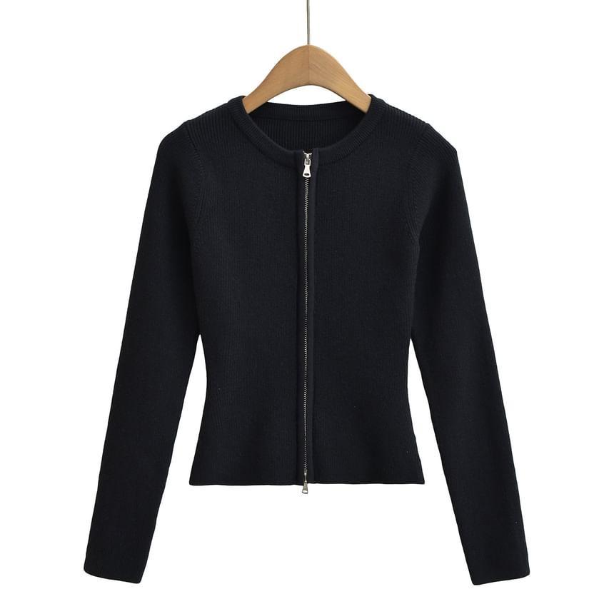 Long Sleeve Plain Slim-Fit Zip-Up Cardigan Product Image