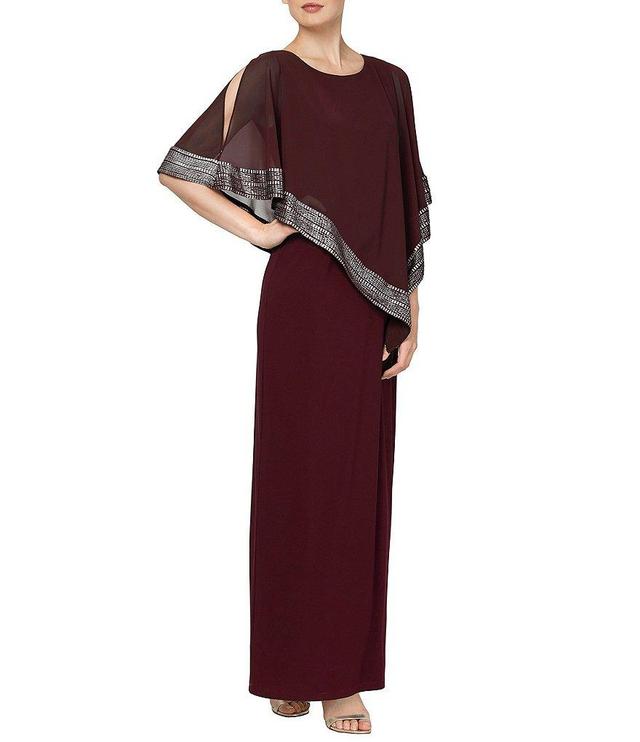 Ignite Evenings Asymmetrical 3/4 Capelet Cold Shoulder Sleeve Round Neck Metallic Trim Popover Dress Product Image