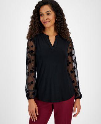 Petite Floral Contrast-Sleeve Split-Neck Blouse Product Image