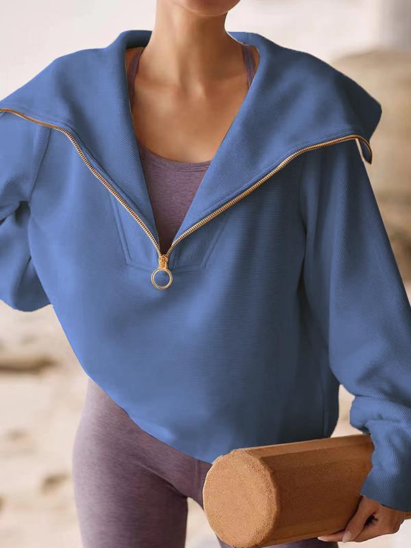 Long Sleeves Loose Solid Color Zipper Lapel Sweatshirt Tops Product Image