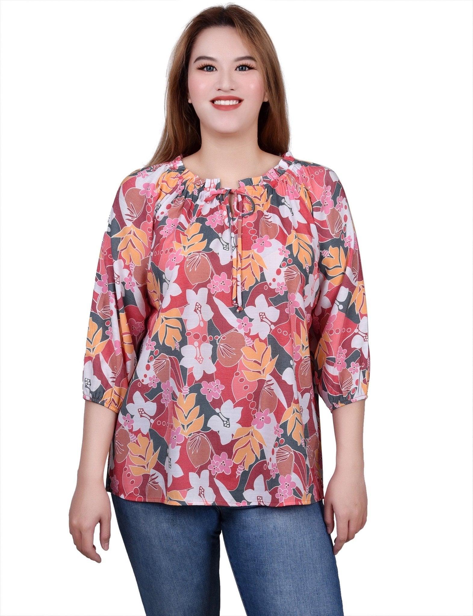 NY Collection 3/4 Sleeve Drawstring Neck Blouse product image