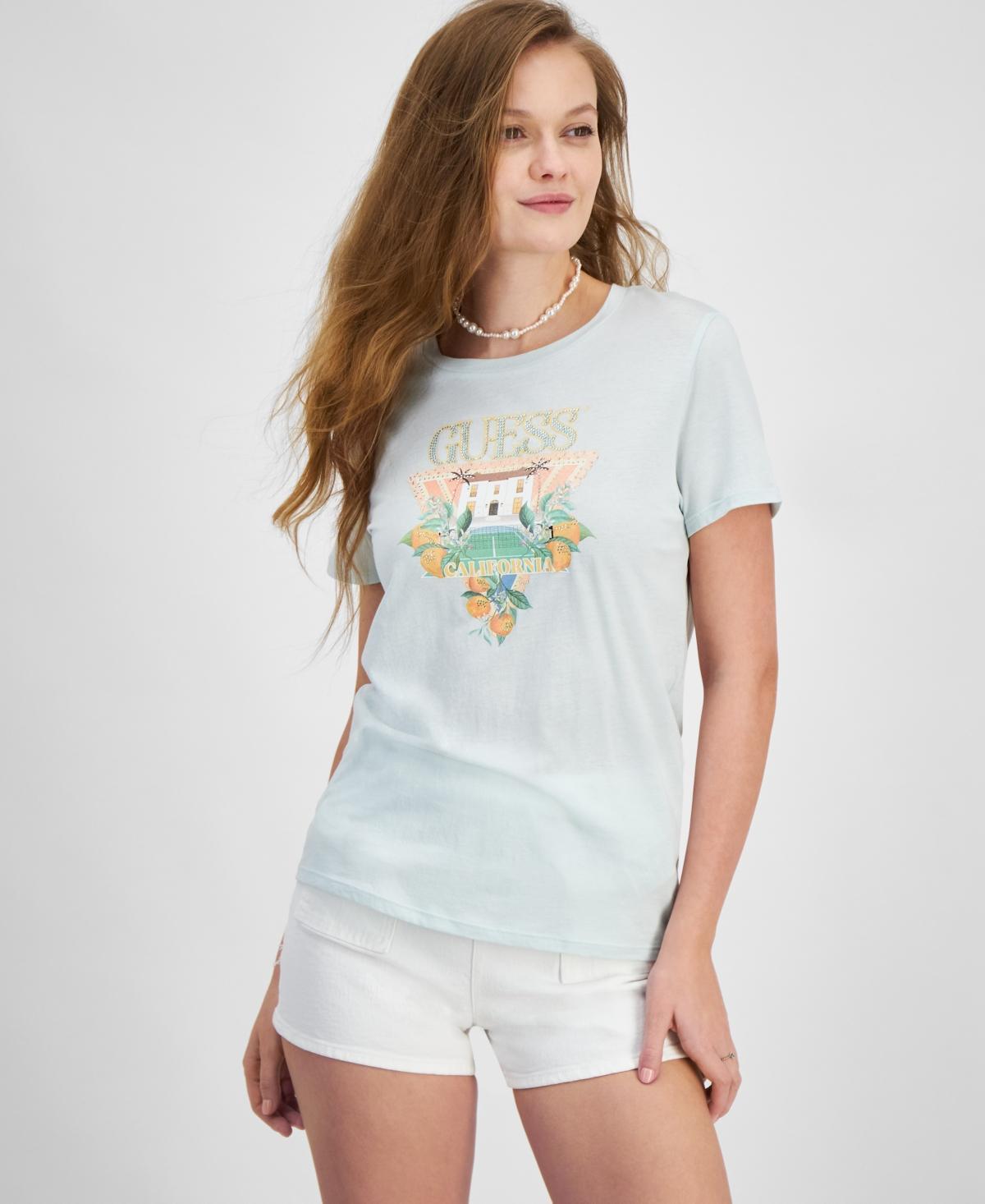 Guess Womens Embellished Mansion Logo Easy T-Shirt Product Image