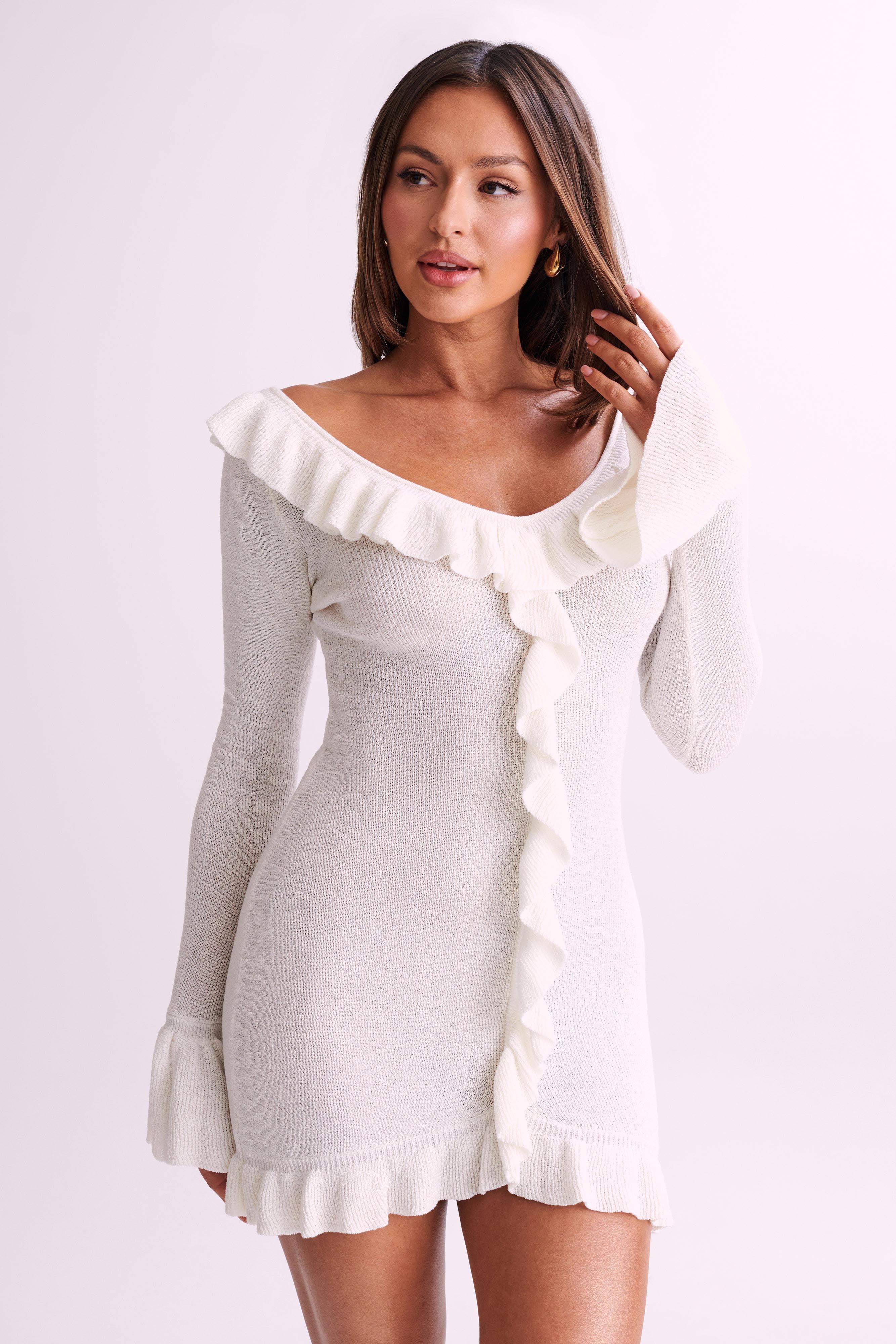 Karolina Knit Mini Dress With Frill - White Product Image