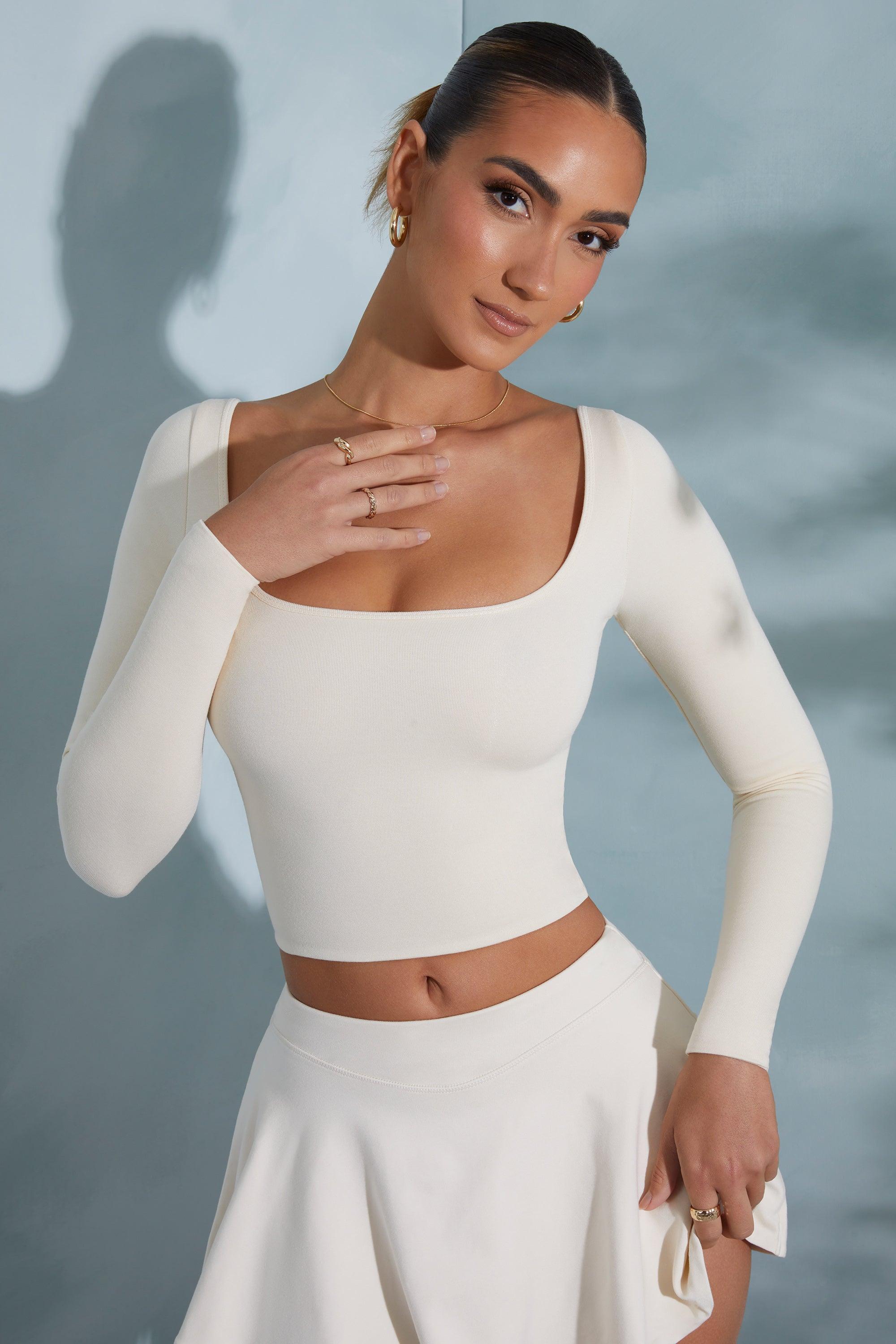 Rounded Square Neck Long Sleeve Top in Ivory Product Image