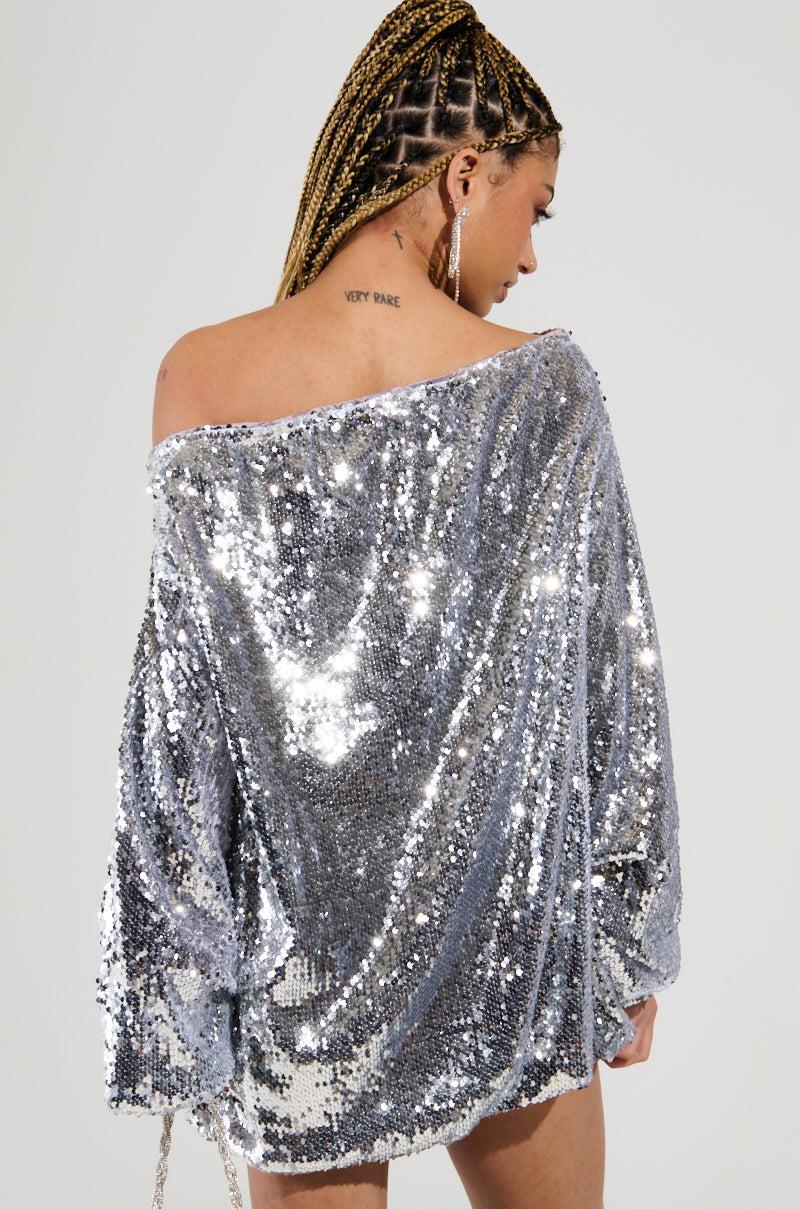 GEMMA OFF THE SHOULDER VOLUMINOUS SEQUIN MINI DRESS IN SILVER Product Image