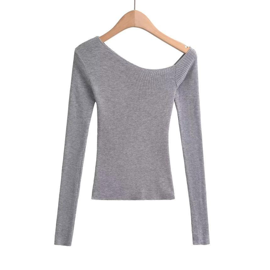 Long Sleeve One Shoulder Plain Ribbed Knit Top Product Image