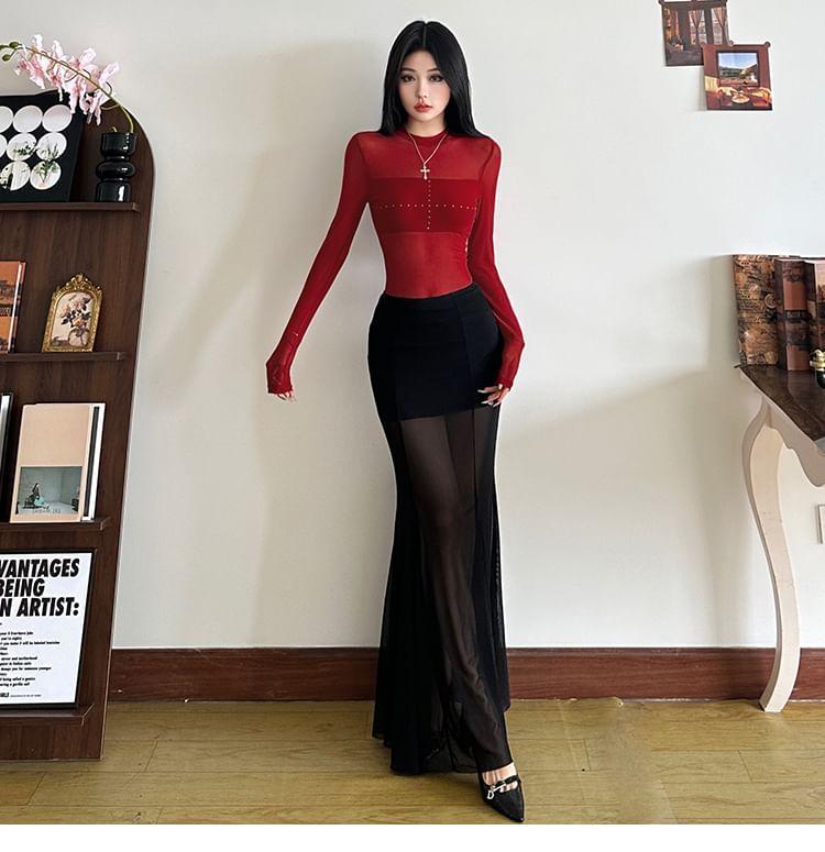 Long-Sleeve Mock Neck Cross Rhinestone Mesh Slim Fit Top Product Image