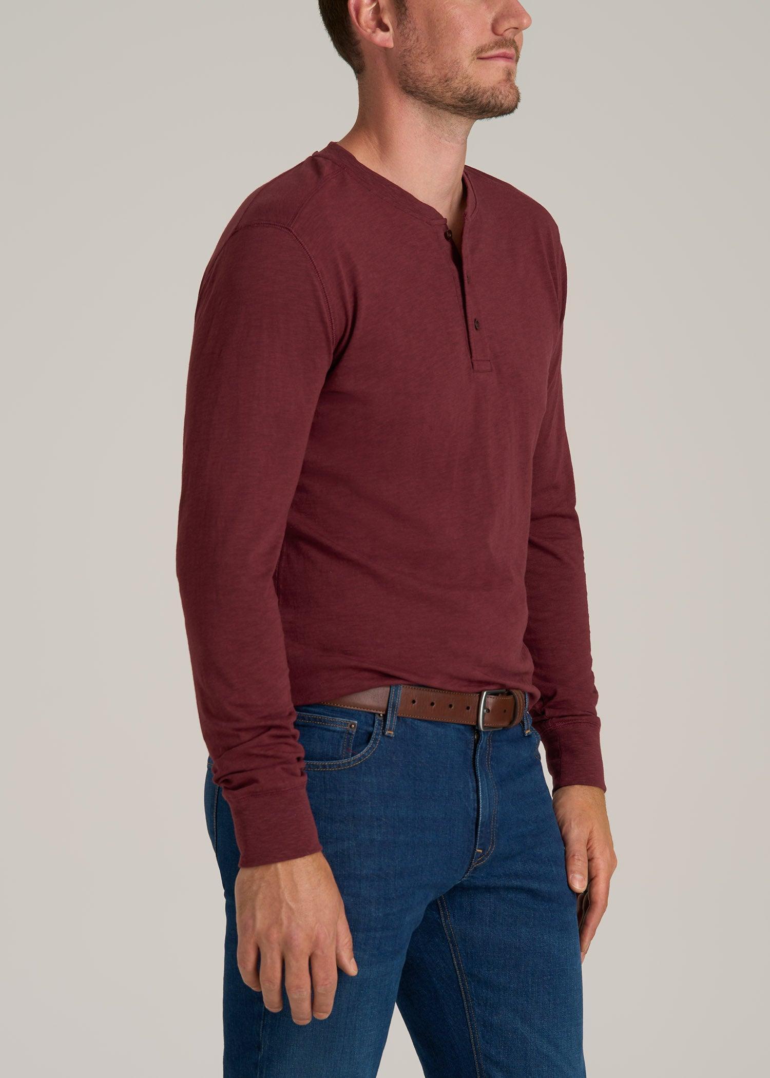 Men's Tall Three Button Long Sleeve Slub Henley in Red Ochre Male Product Image